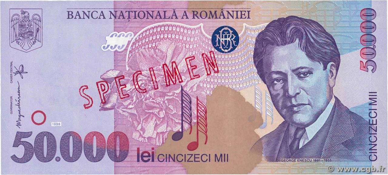 50000 Lei Spécimen ROMANIA  1996 P.109s FDC