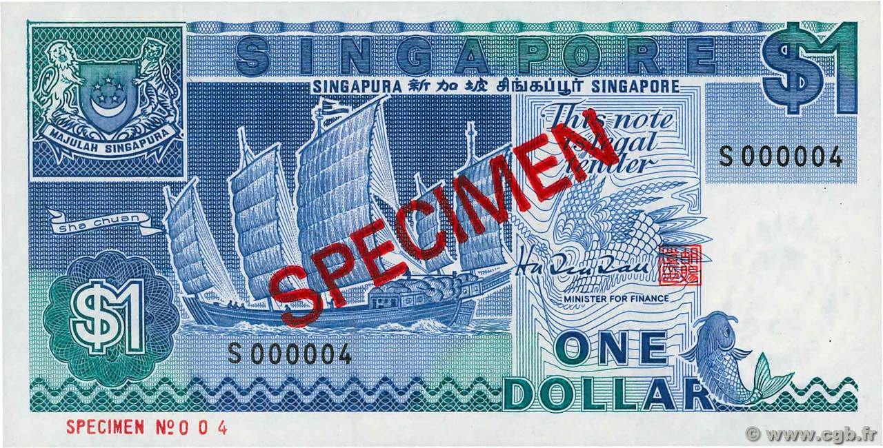 1 Dollar Spécimen SINGAPORE  1987 P.18bs UNC-