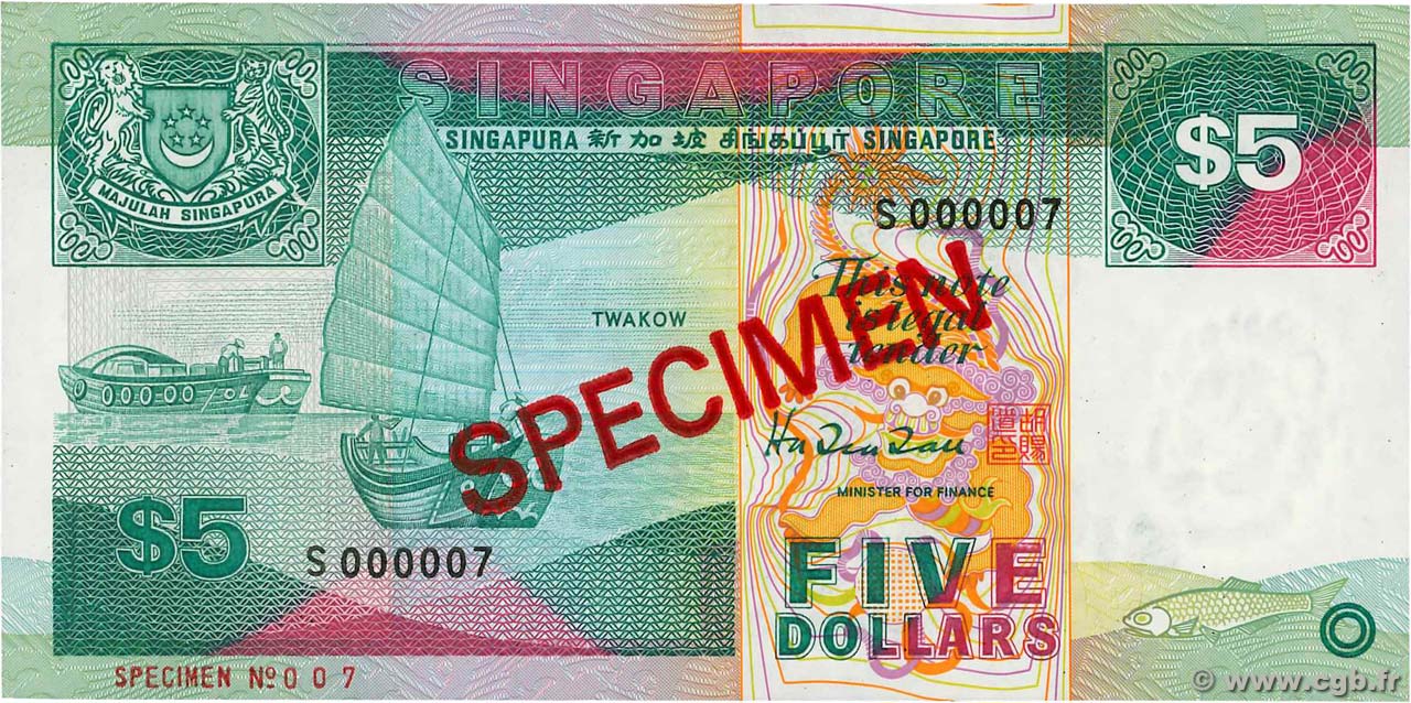 5 Dollars Spécimen SINGAPOUR  1989 P.19s pr.NEUF