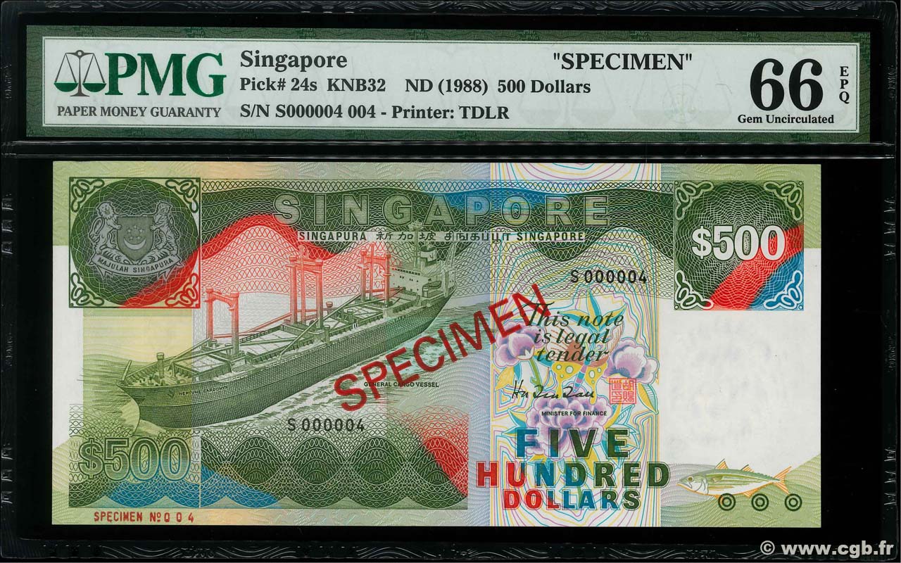 500 Dollars Spécimen SINGAPOUR  1988 P.24s NEUF