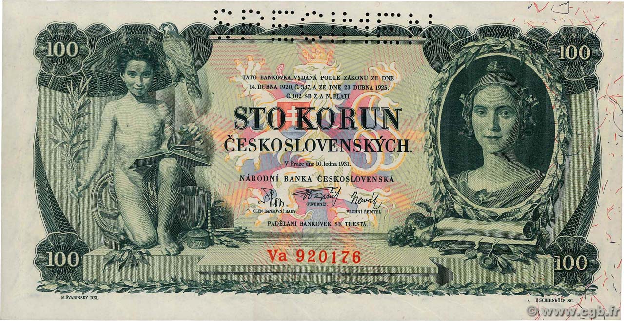 100 Korun Spécimen CECOSLOVACCHIA  1931 P.023s q.FDC