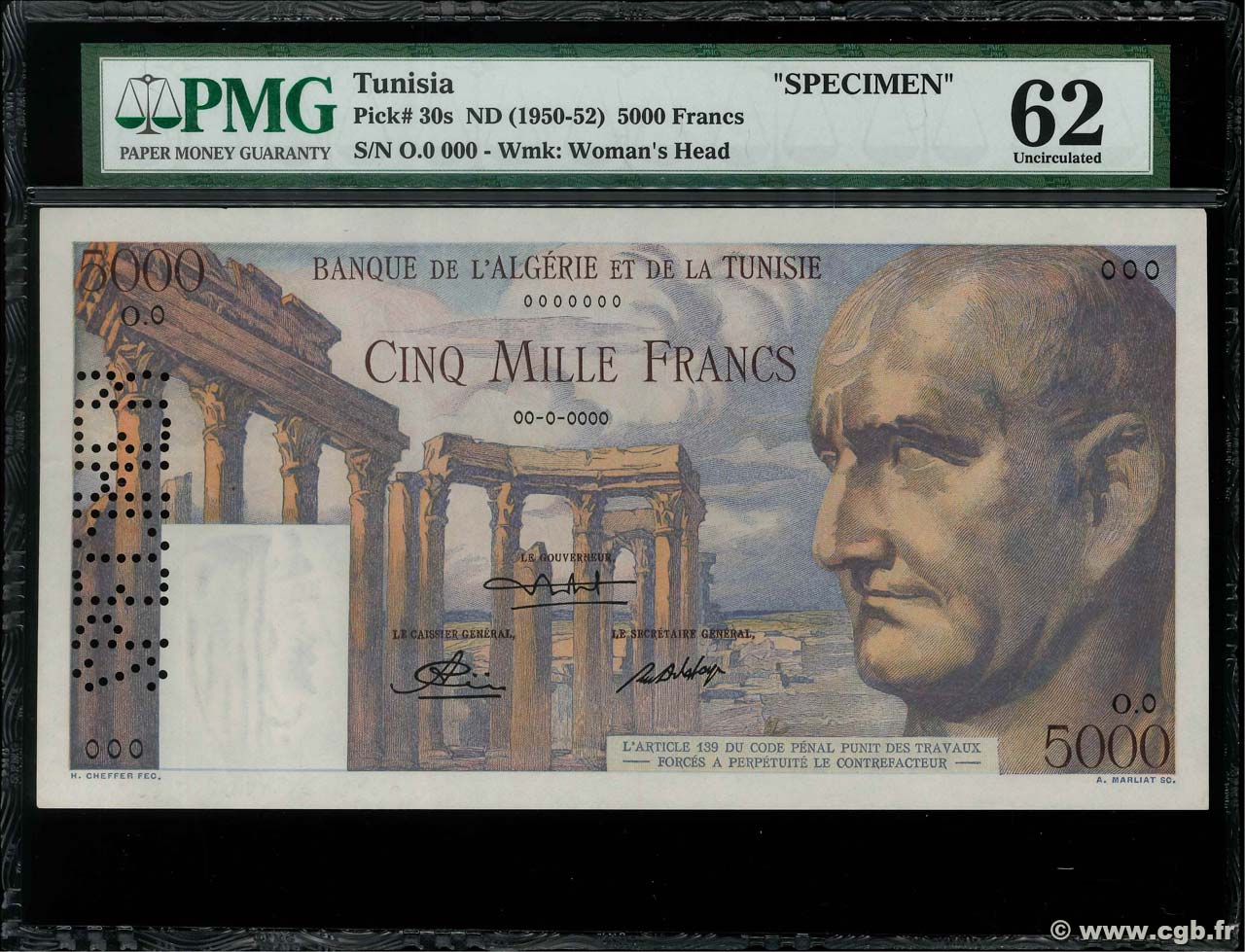 5000 Francs Spécimen TUNISIE  1950 P.30s pr.NEUF