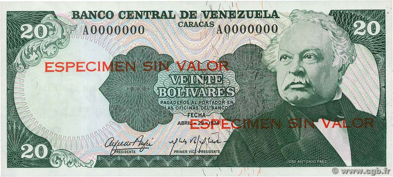 20 Bolivares Spécimen VENEZUELA  1974 P.053s1 q.FDC