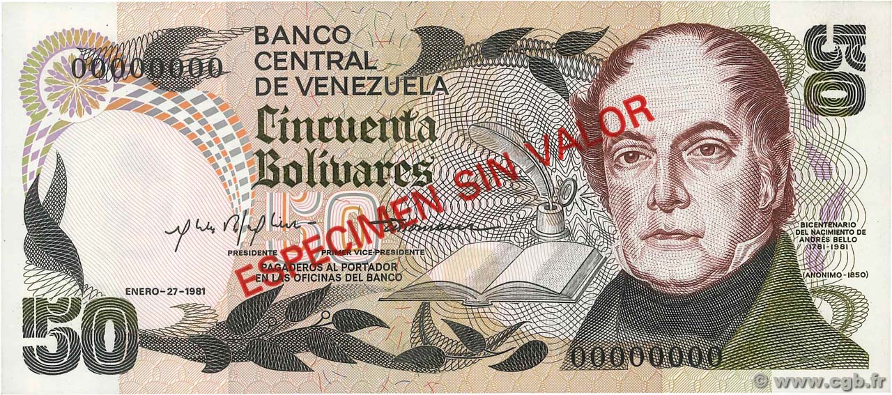 50 Bolivares Spécimen VENEZUELA  1981 P.058s UNC-