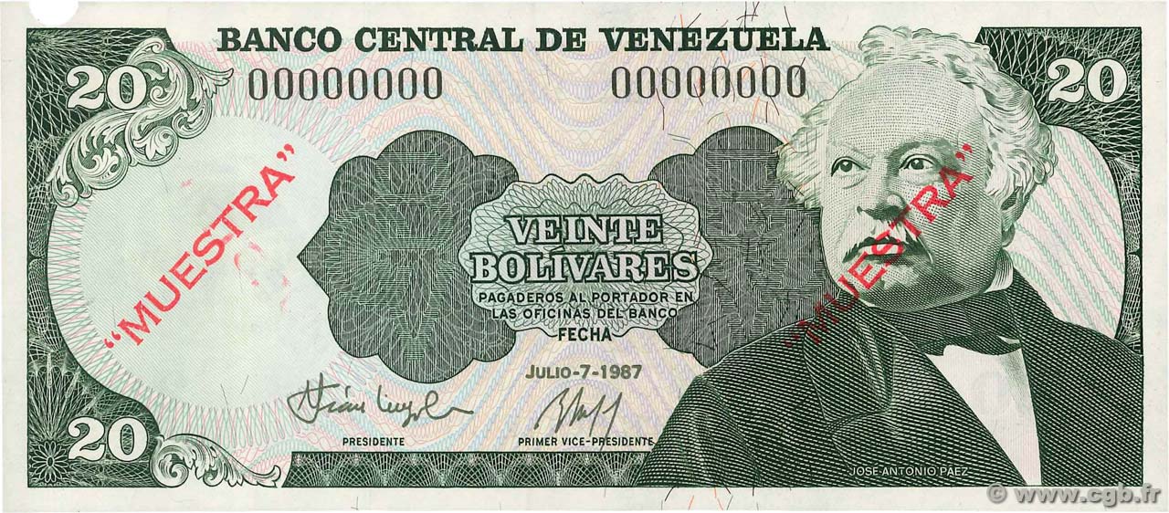 20 Bolivares Spécimen VENEZUELA  1987 P.064As VZ