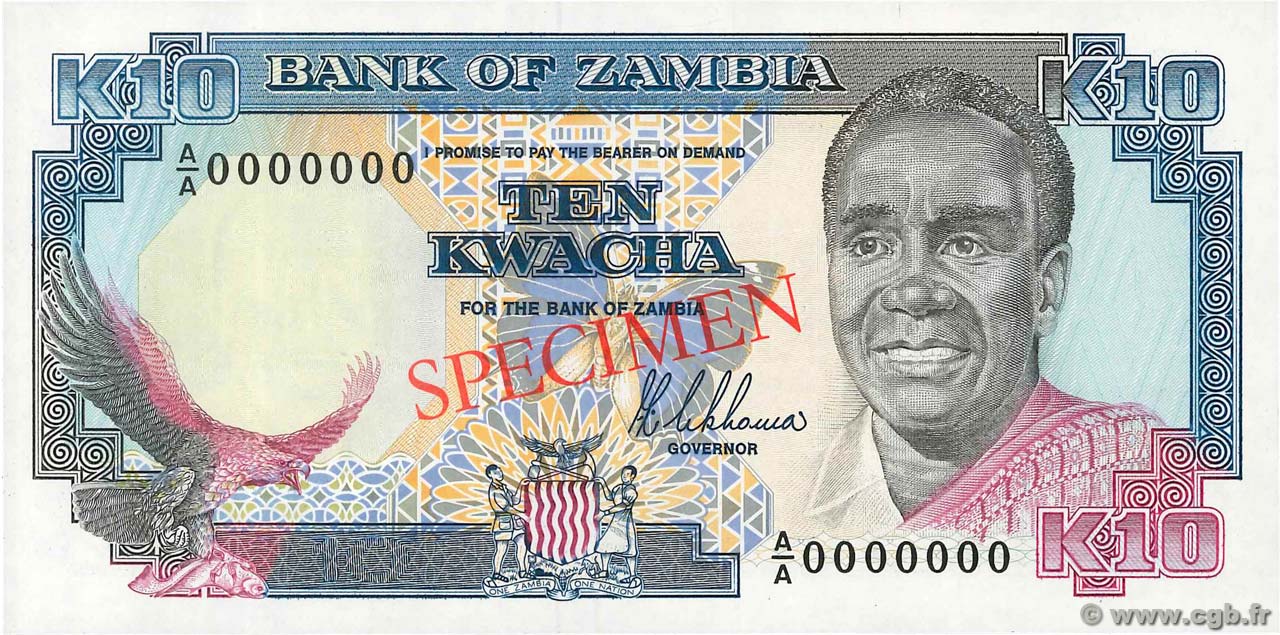 10 Kwacha Spécimen ZAMBIA  1989 P.31as UNC