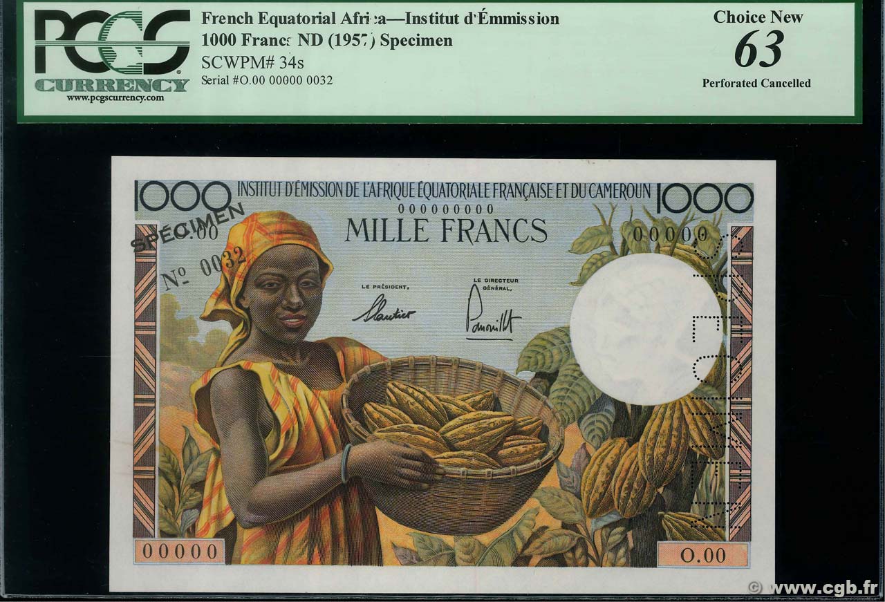 1000 Francs Spécimen AFRIQUE ÉQUATORIALE FRANÇAISE  1957 P.34s q.FDC