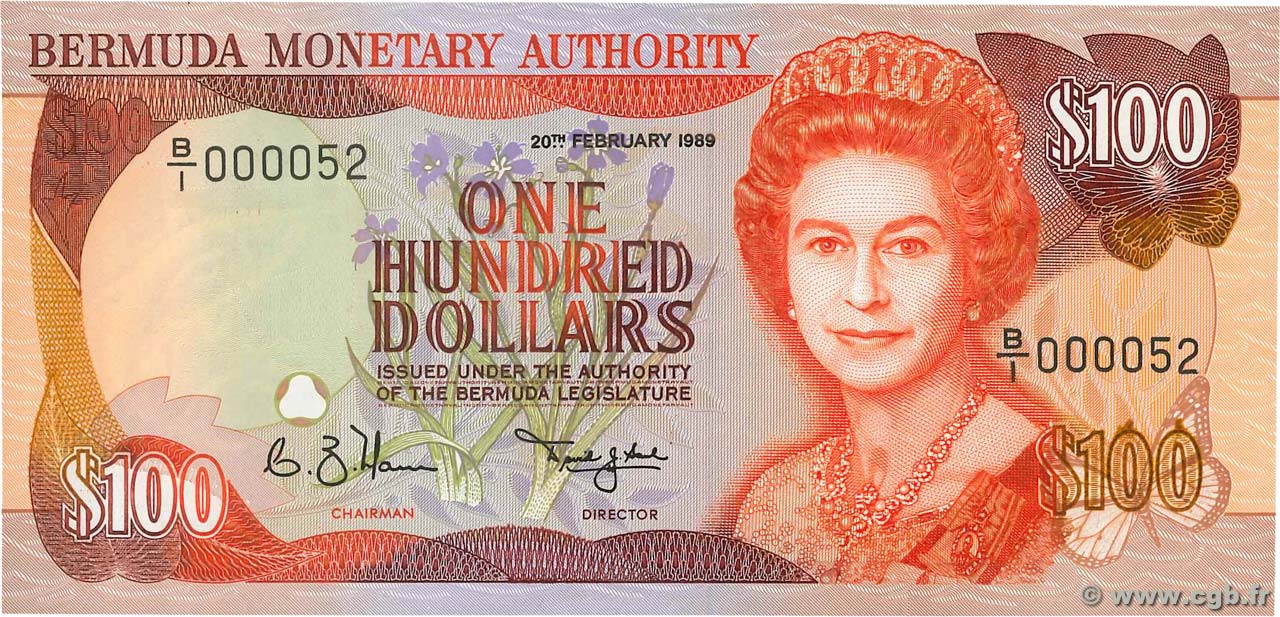 100 Dollars Petit numéro BERMUDAS  1989 P.39 FDC