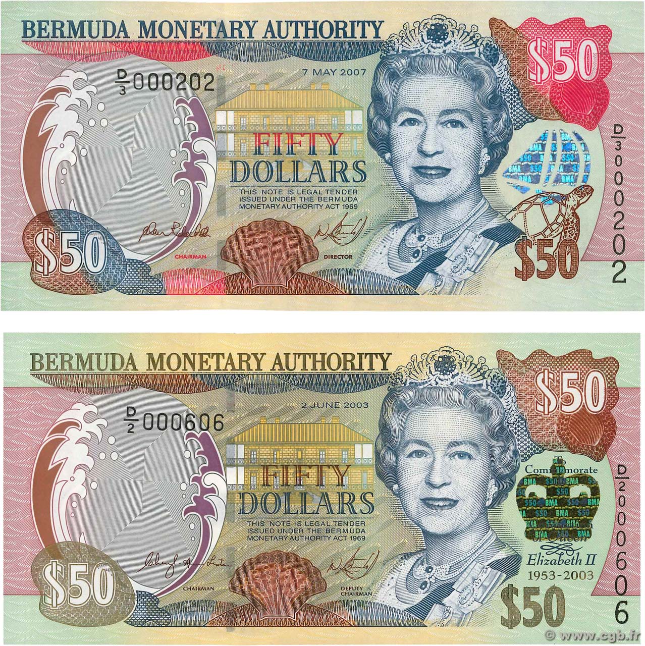 50 Dollars Petit numéro BERMUDAS  2000 P.54a et P.56 FDC