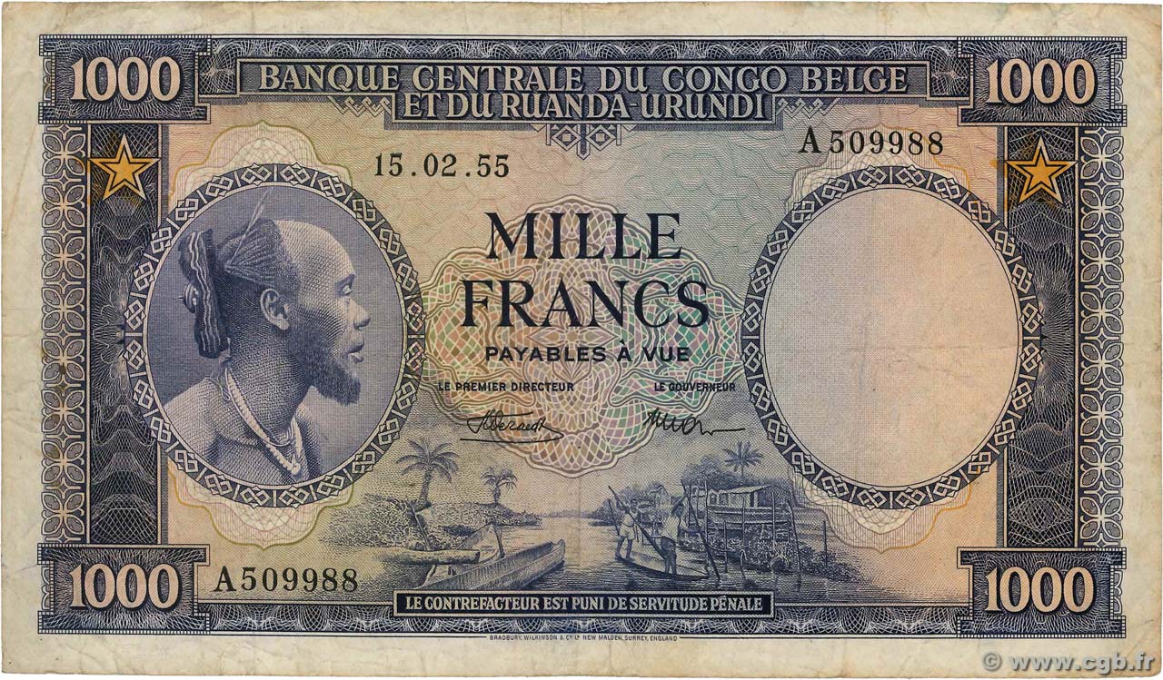 1000 Francs BELGISCH-KONGO  1955 P.29cts S