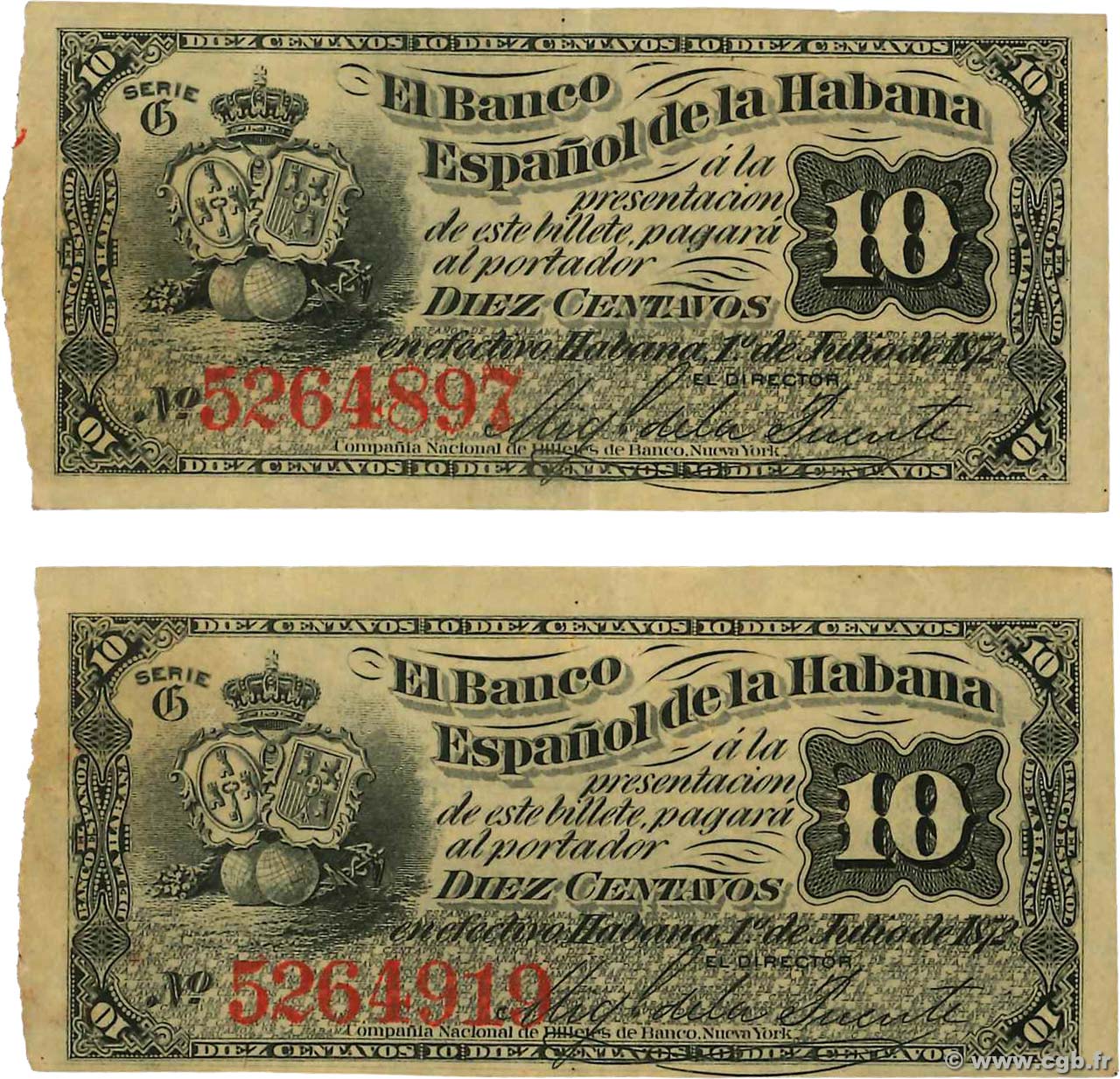 10 Centavos Lot CUBA  1872 P.030a VF+