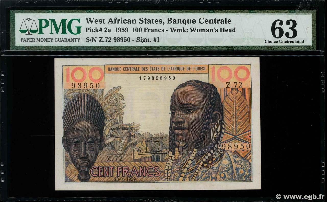 100 Francs WEST AFRIKANISCHE STAATEN  1959 P.002a fST+