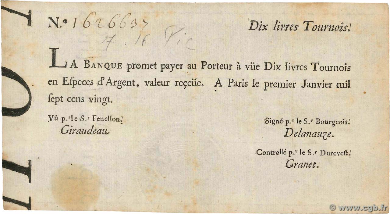 10 Livres Tournois typographié FRANCE  1720 Dor.21 TTB