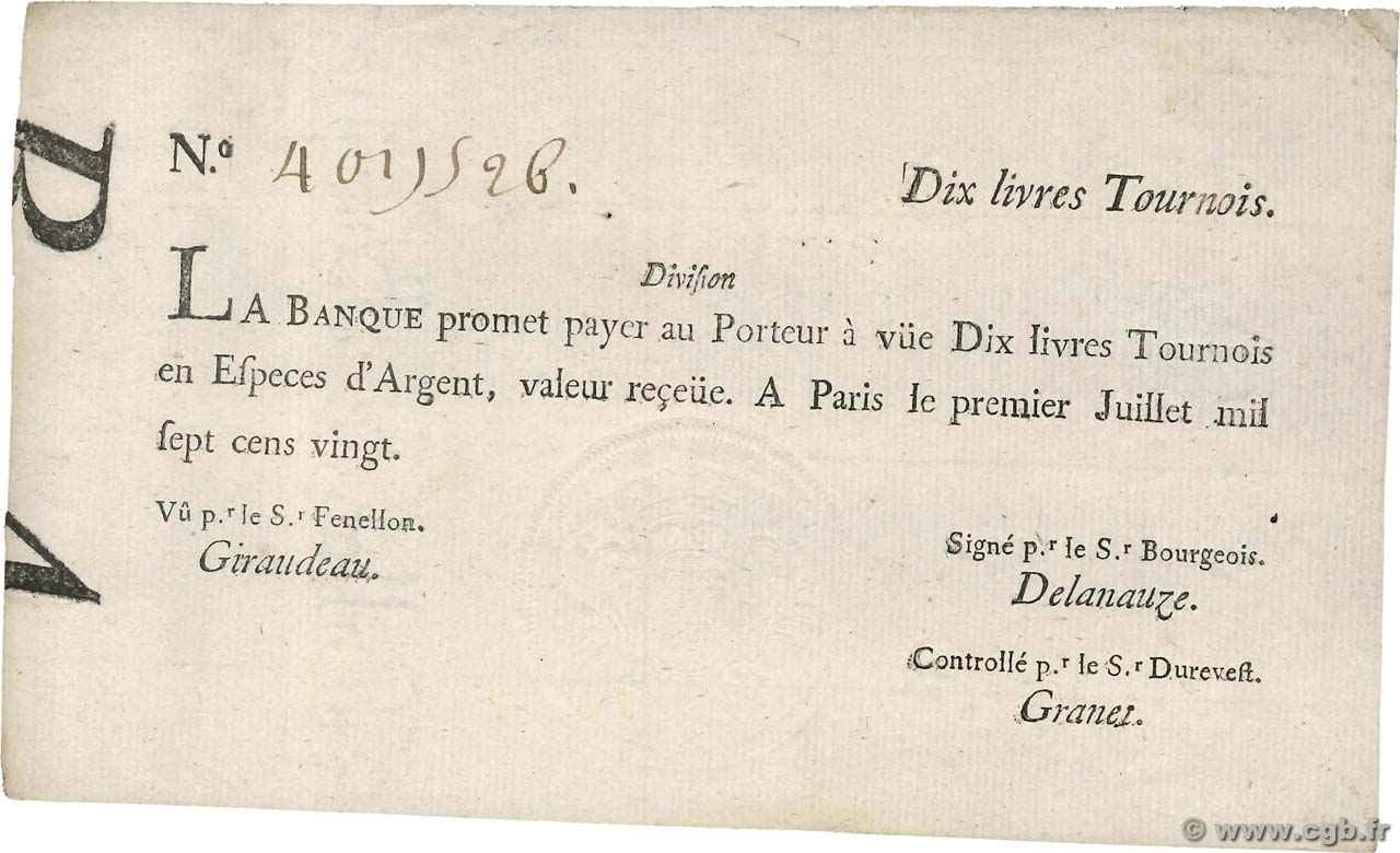 10 Livres Tournois typographié FRANCIA  1720 Dor.22 MBC+