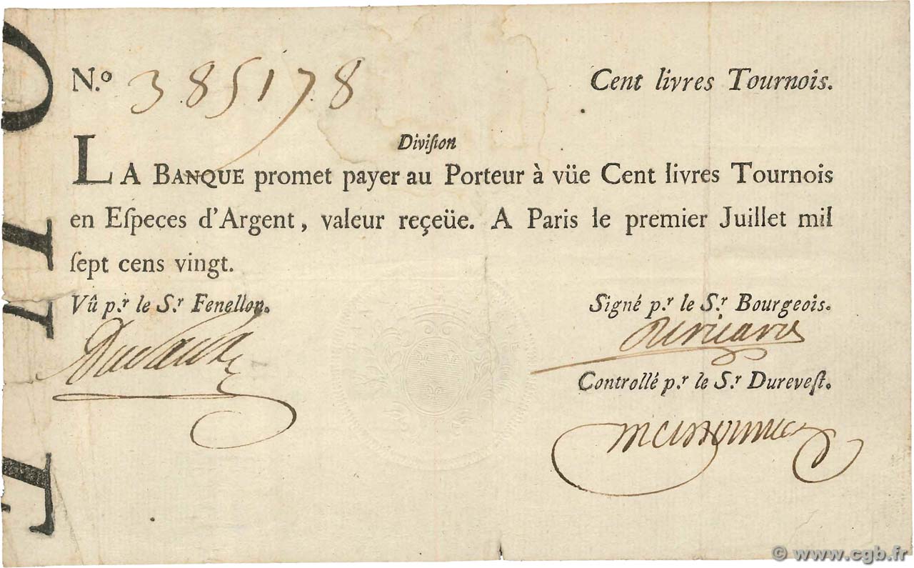 100 Livres Tournois typographié FRANCE  1720 Dor.27 VF-