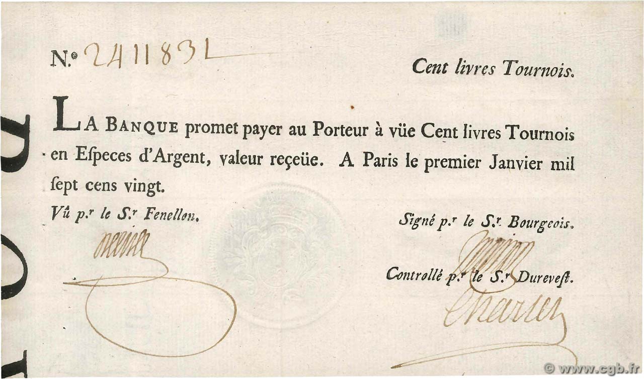 100 Livres Tournois typographié FRANCE  1720 Dor.26 XF+