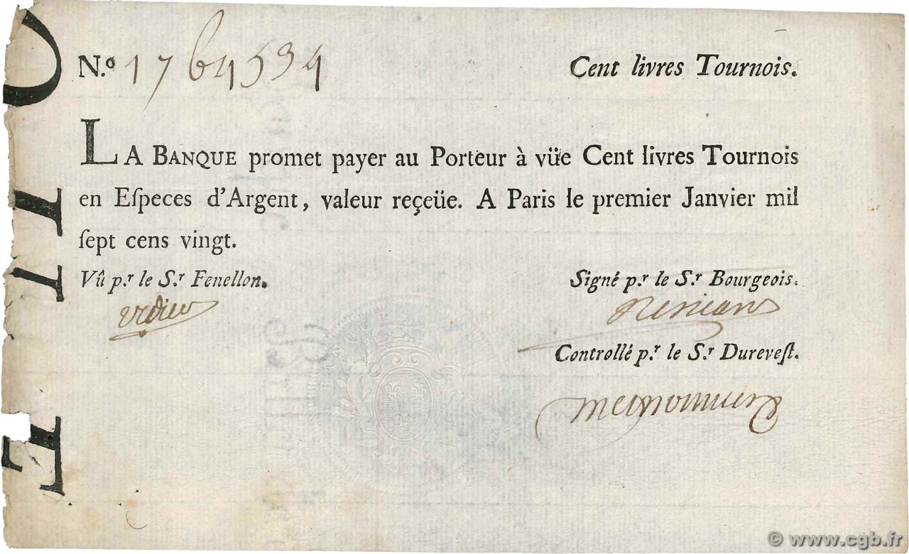 100 Livres Tournois typographié FRANCE  1720 Dor.26 VF-