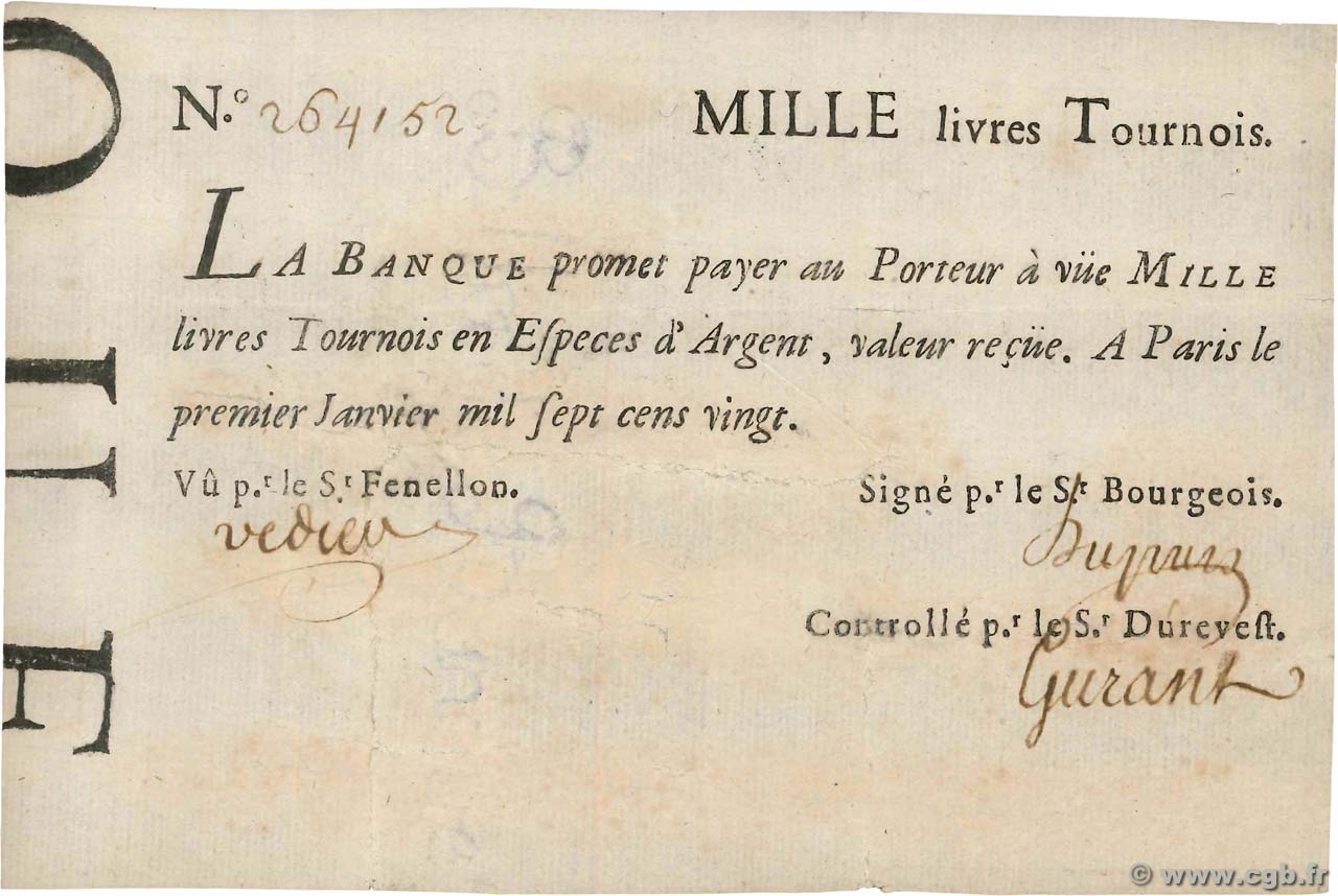 1000 Livres Tournois typographié Faux FRANCIA  1720 Dor.29x MBC
