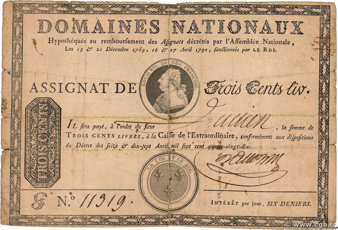 300 Livres sans coupons FRANCE  1790 Ass.02b VG