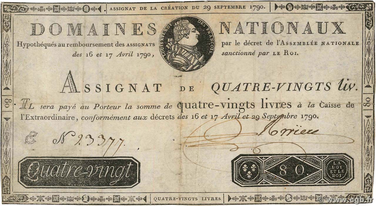 80 Livres FRANCIA  1790 Ass.07a BC+