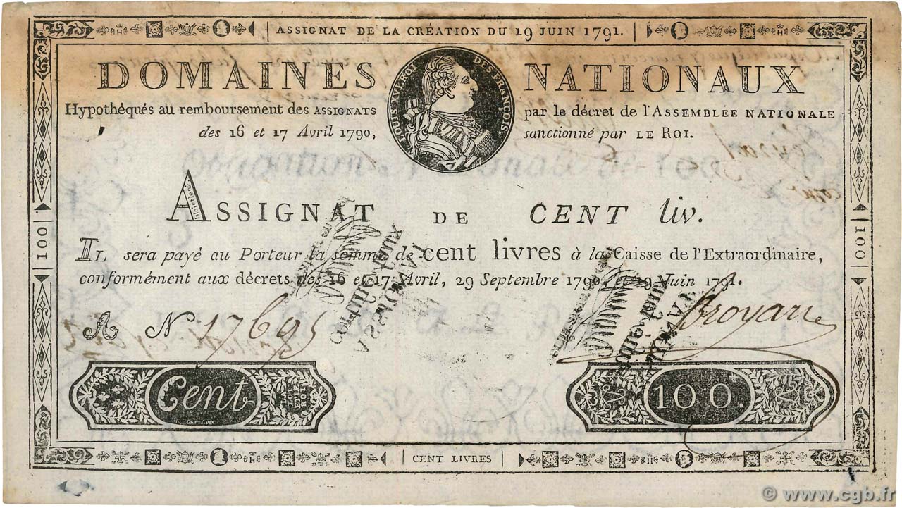 100 Livres Faux FRANCE  1791 Ass.15b VF