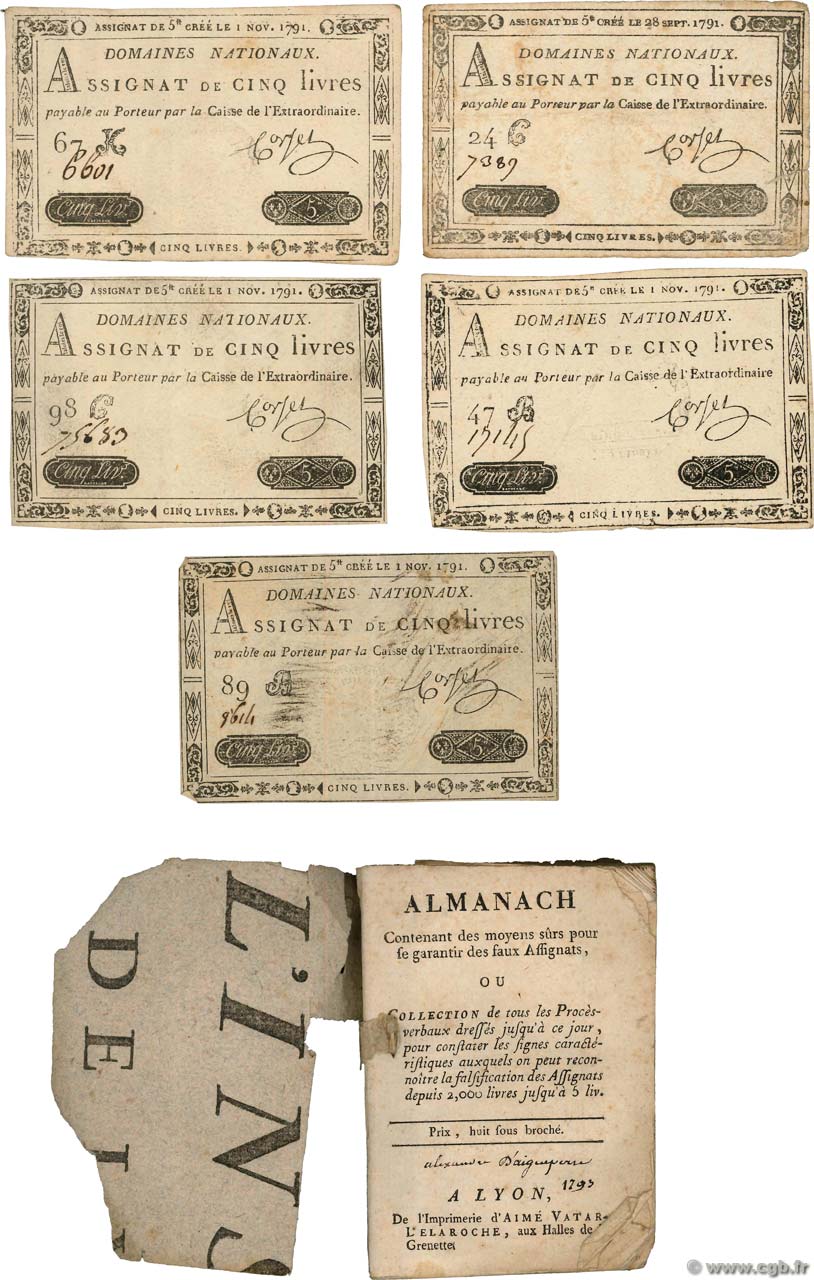 Lot de cinq Faux Assignats de 5 Livres accompagnés d un Almanach contenant  Des Moyens sûrs pour se garantir des Faux Assignats  Faux FRANCIA  1791 Ass.19f et Ass.20f BB