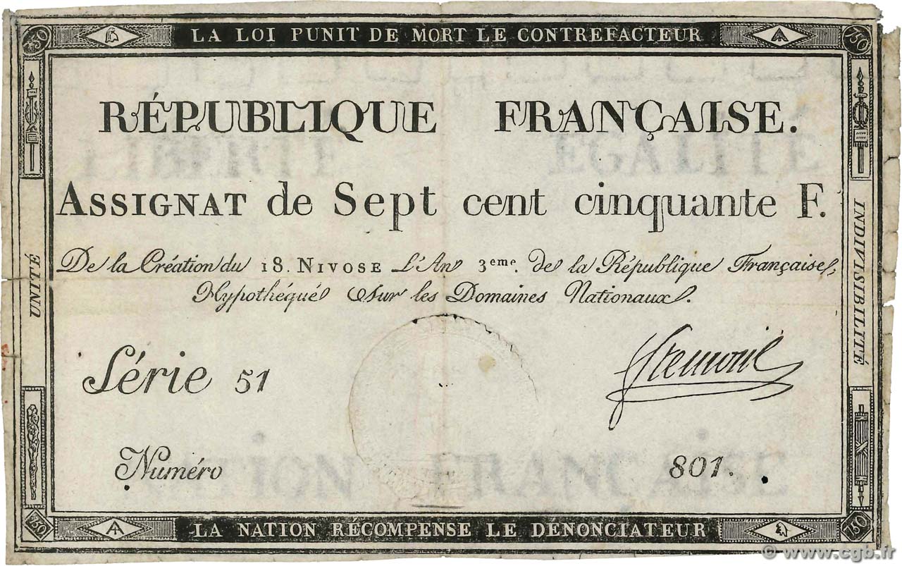 750 Francs FRANKREICH  1795 Ass.49a S