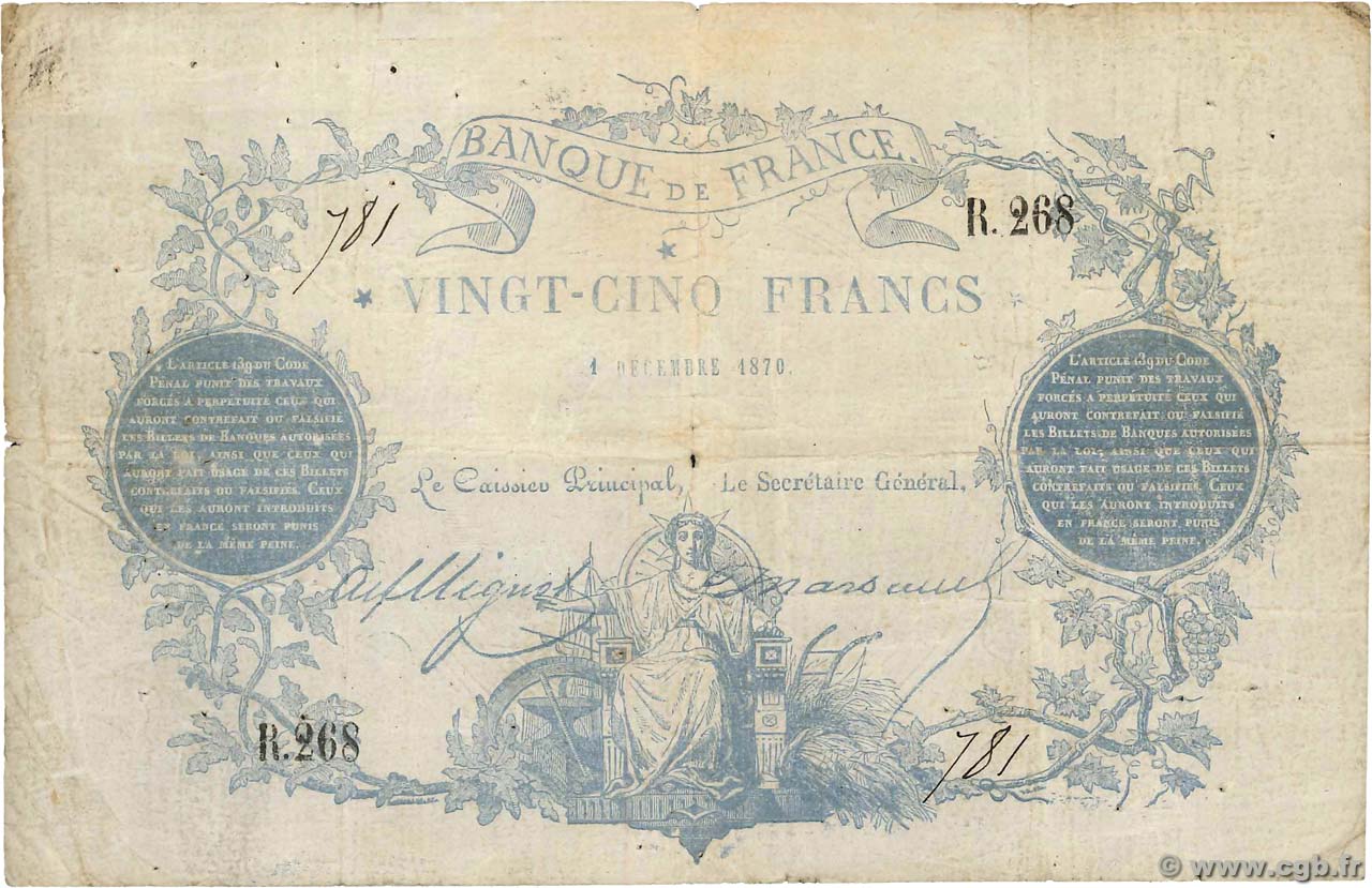 25 Francs type 1870 - Clermont-Ferrand Faux FRANCIA  1870 F.A44.01x BC