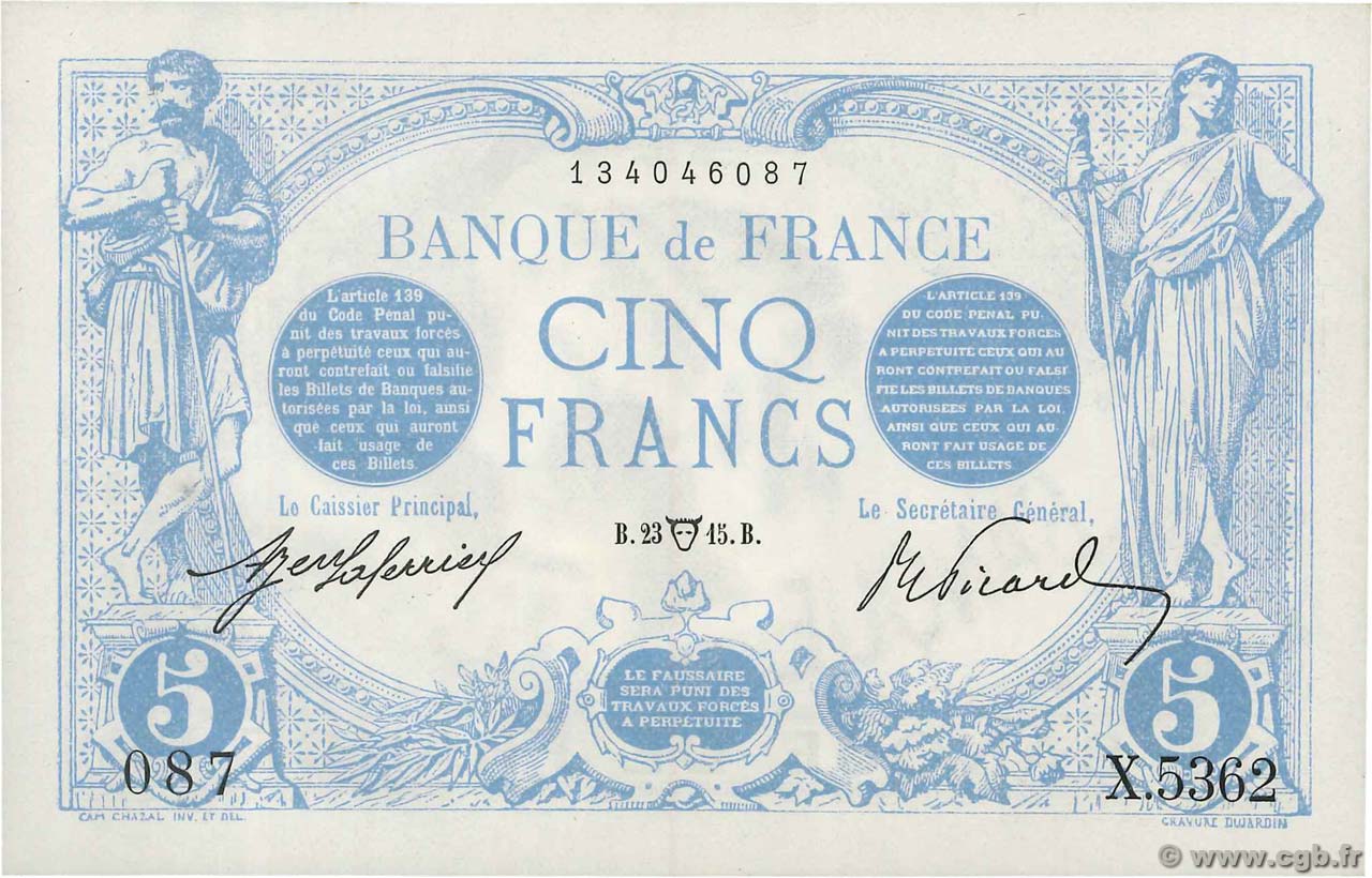 5 Francs BLEU FRANCE  1915 F.02.26 NEUF