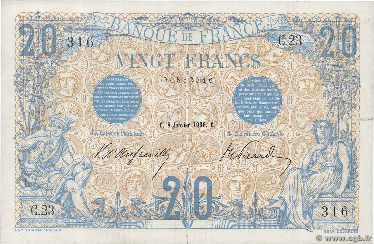 20 Francs BLEU FRANCE  1906 F.10.01 VF+