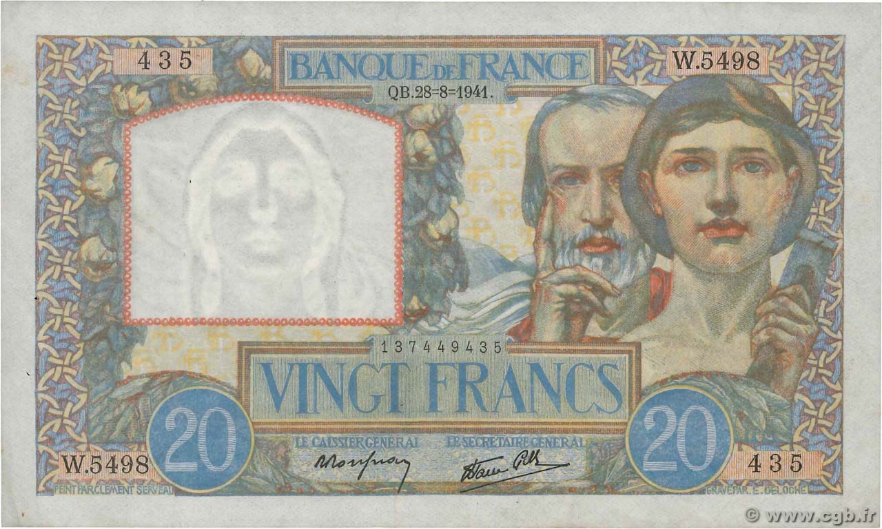 20 Francs TRAVAIL ET SCIENCE FRANCE  1941 F.12.17 VF+