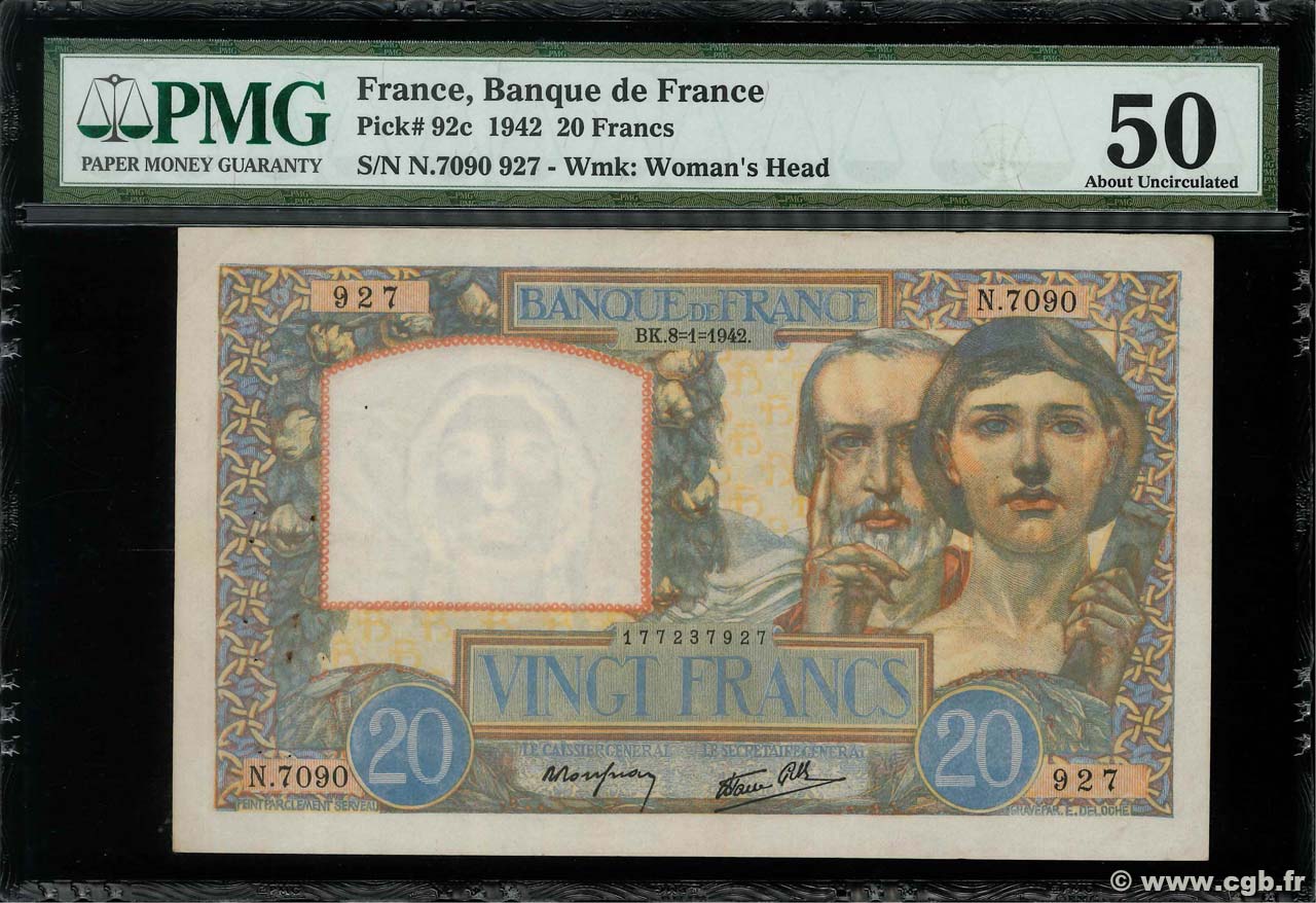 20 Francs TRAVAIL ET SCIENCE FRANCE  1942 F.12.21 XF+