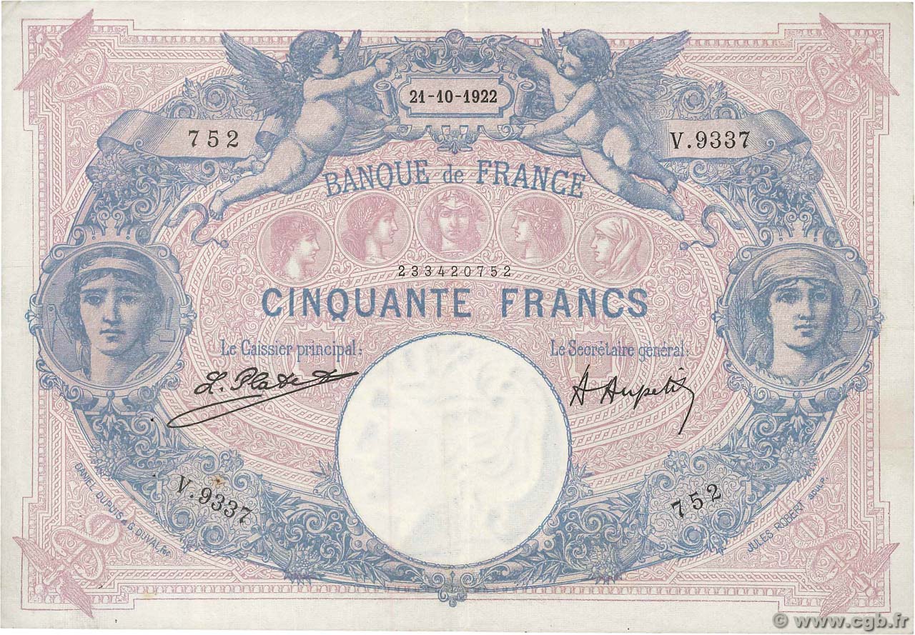 50 Francs BLEU ET ROSE FRANKREICH  1922 F.14.35 fVZ