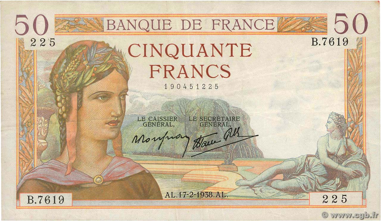 50 Francs CÉRÈS modifié FRANCE  1938 F.18.09 VF