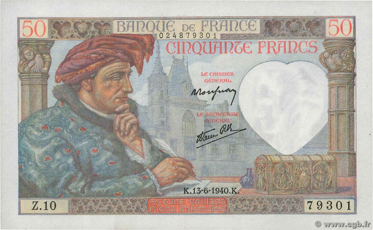 50 Francs JACQUES CŒUR FRANKREICH  1940 F.19.01 fST+
