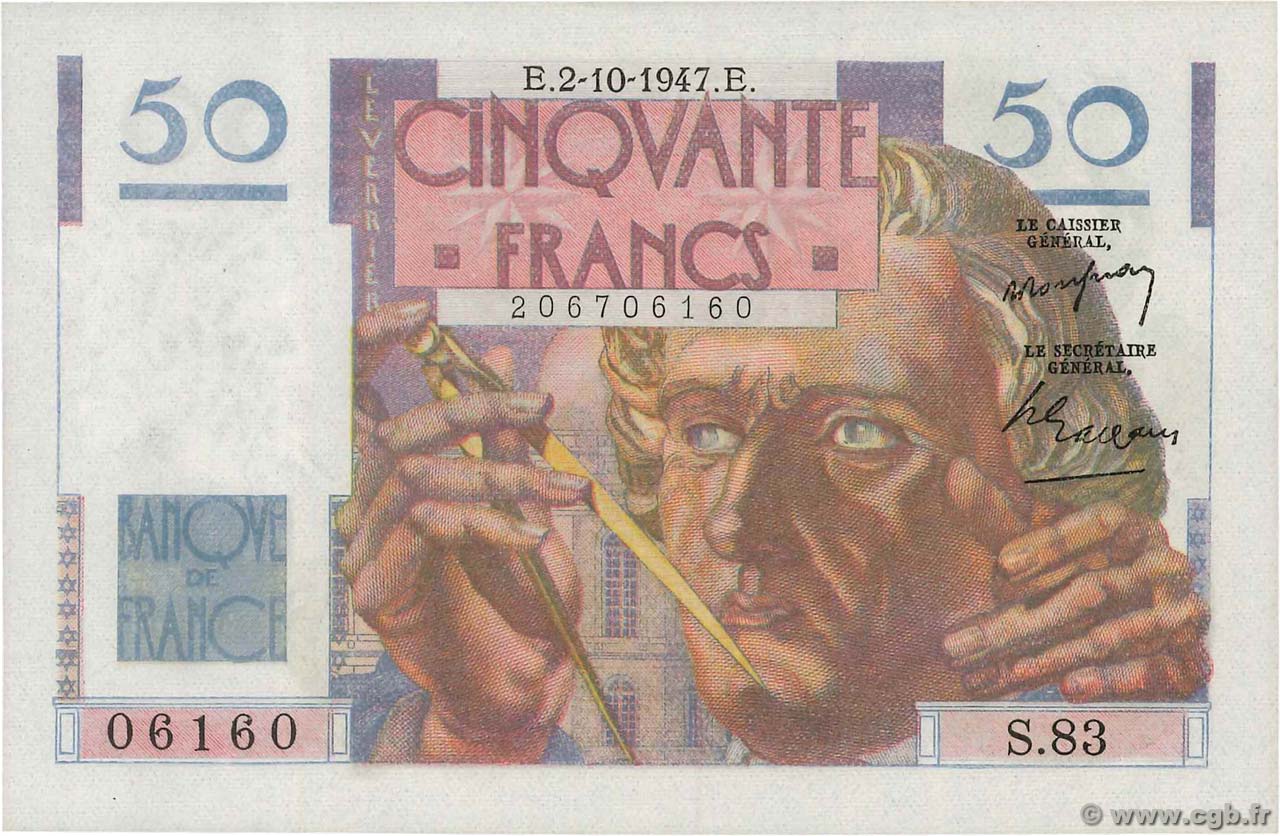 50 Francs LE VERRIER Numéro radar FRANCIA  1947 F.20.09 SC+
