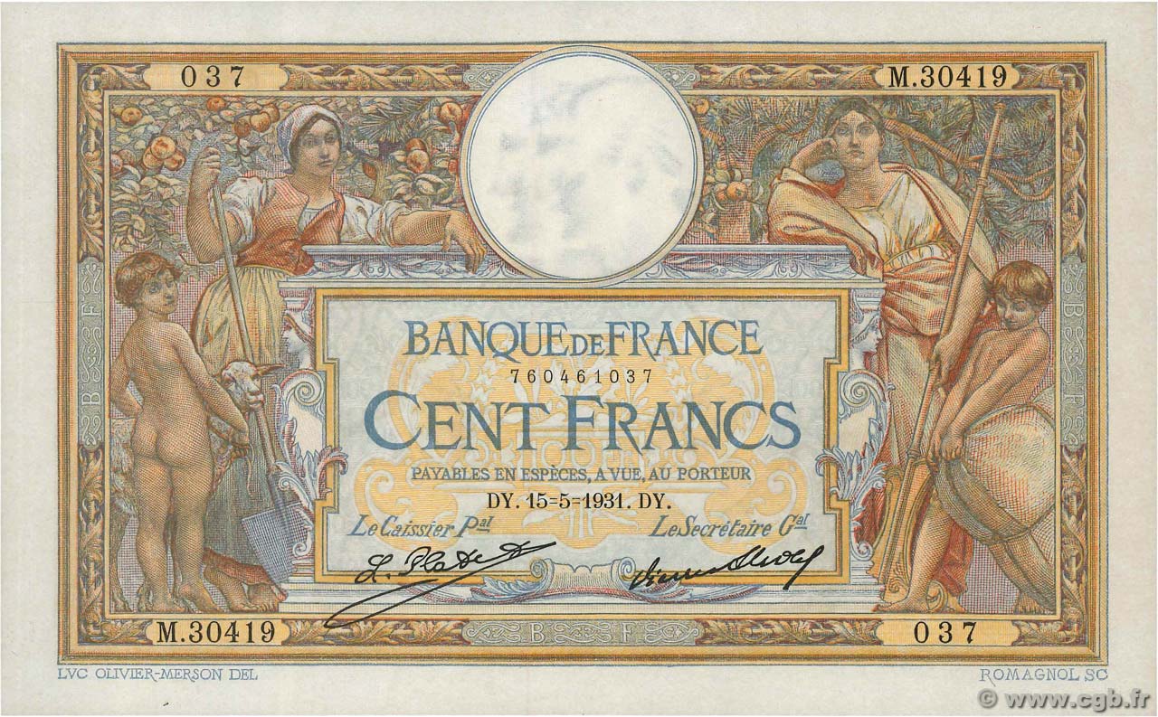 100 Francs LUC OLIVIER MERSON grands cartouches FRANKREICH  1931 F.24.10 fST+
