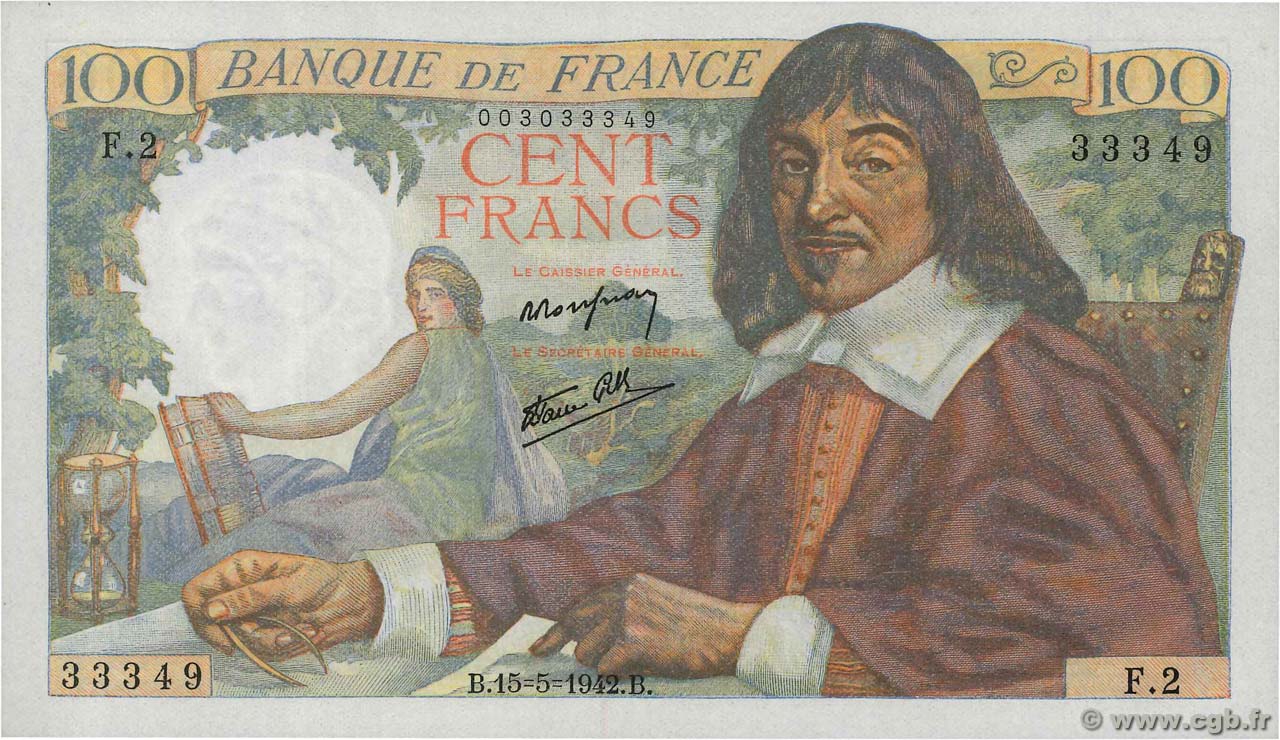100 Francs DESCARTES FRANKREICH  1942 F.27.01 fST+