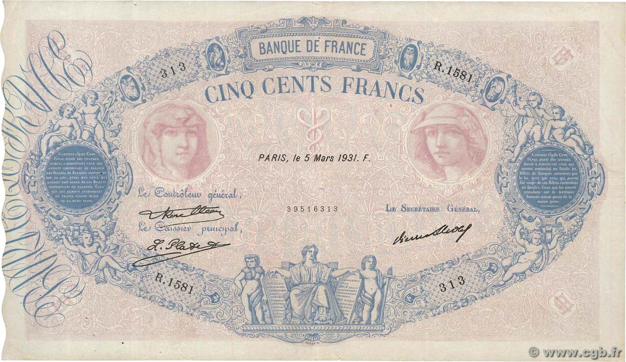 500 Francs BLEU ET ROSE FRANCIA  1931 F.30.34 MBC