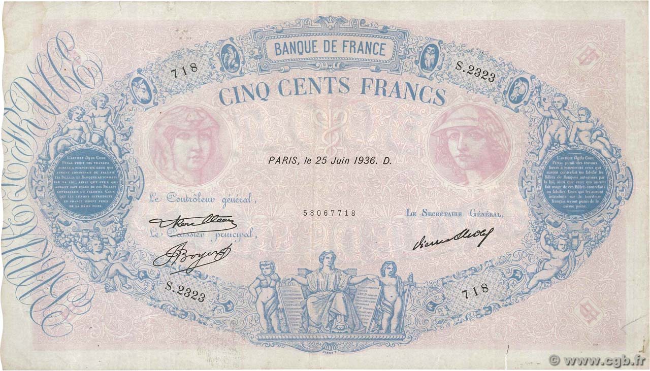 500 Francs BLEU ET ROSE FRANKREICH  1936 F.30.37 fSS