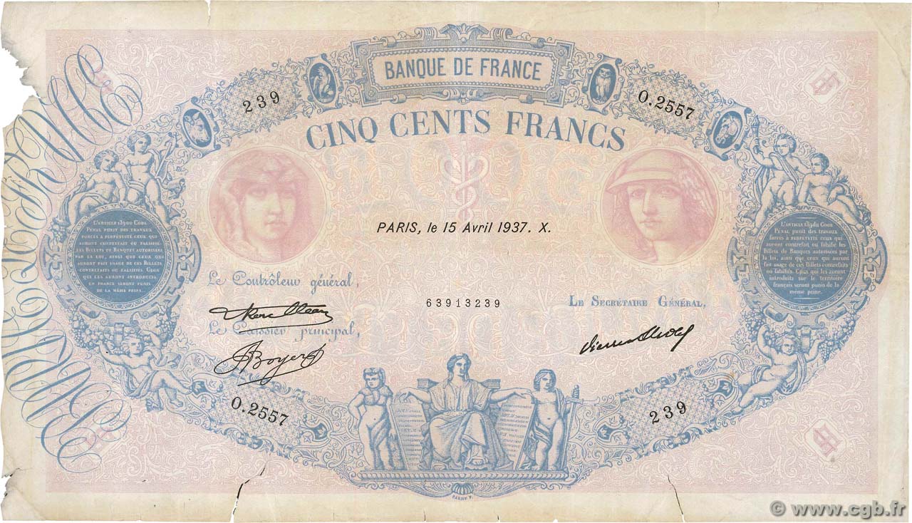 500 Francs BLEU ET ROSE FRANCE  1937 F.30.38 VG