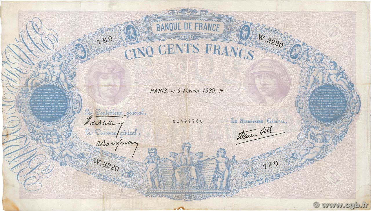 500 Francs BLEU ET ROSE modifié FRANCIA  1939 F.31.25 MB