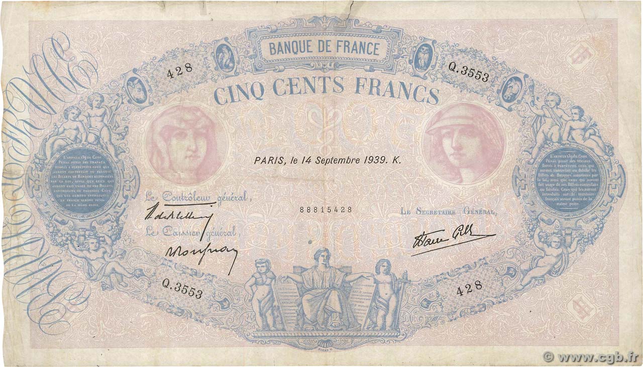 500 Francs BLEU ET ROSE modifié FRANKREICH  1939 F.31.39 S