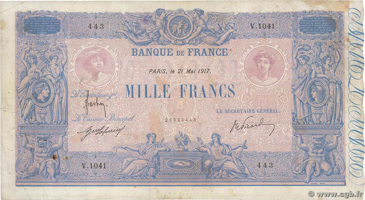1000 Francs BLEU ET ROSE FRANCIA  1917 F.36.31 MB