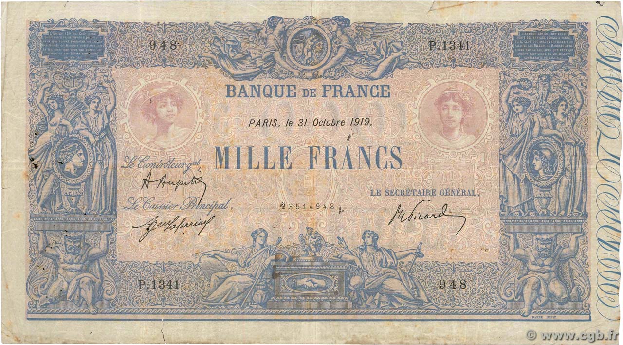 1000 Francs BLEU ET ROSE FRANCIA  1919 F.36.34 q.MB