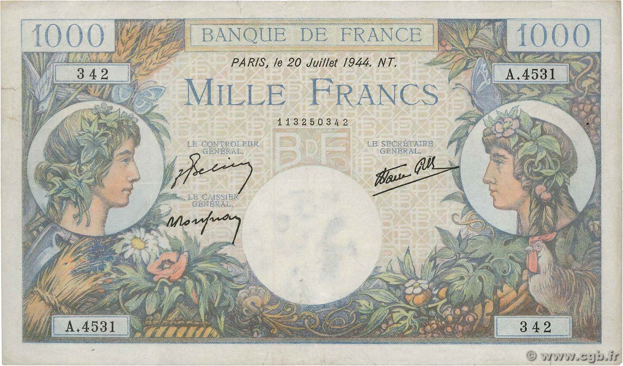 1000 Francs COMMERCE ET INDUSTRIE FRANKREICH  1944 F.39.12 SS