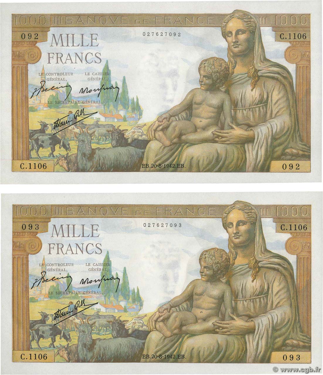 1000 Francs DÉESSE DÉMÉTER Consécutifs FRANKREICH  1942 F.40.05 fST+