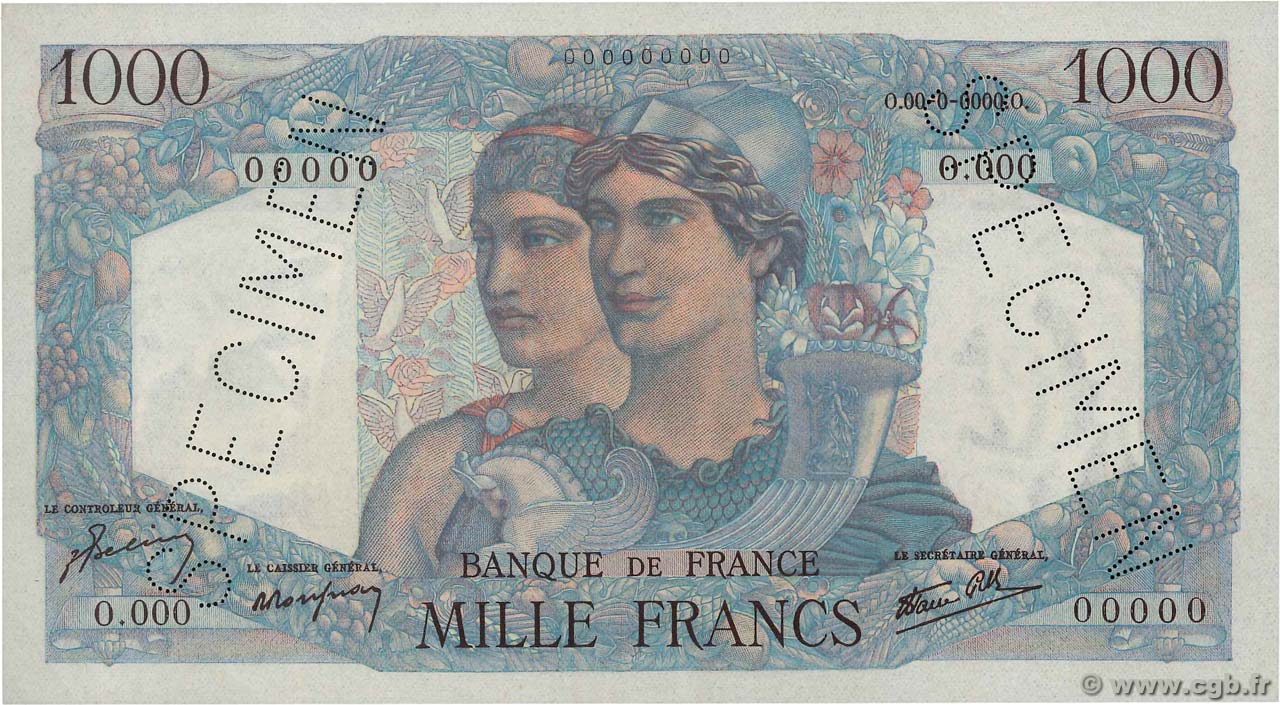 1000 Francs MINERVE ET HERCULE Spécimen FRANCIA  1945 F.41.01Sp2 AU+