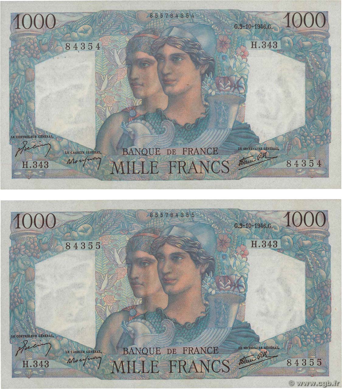 1000 Francs MINERVE ET HERCULE Consécutifs FRANCE  1946 F.41.17 UNC-
