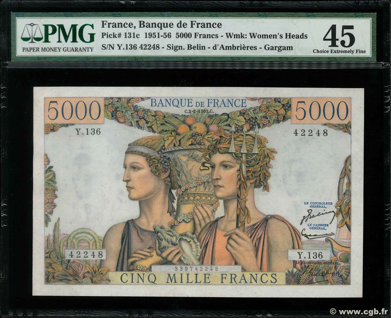 5000 Francs TERRE ET MER FRANKREICH  1953 F.48.09 VZ